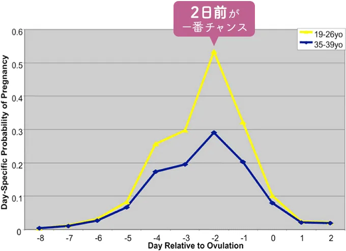 排卵日の2日前の妊娠確率は、19才から26才までが約53%、35才から39才までが約30%。